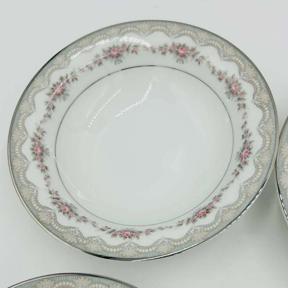 Noritake China Glenwood 5770 Japan 5.5” Berry Bowls Set Of 6 Pink Roses Platinum